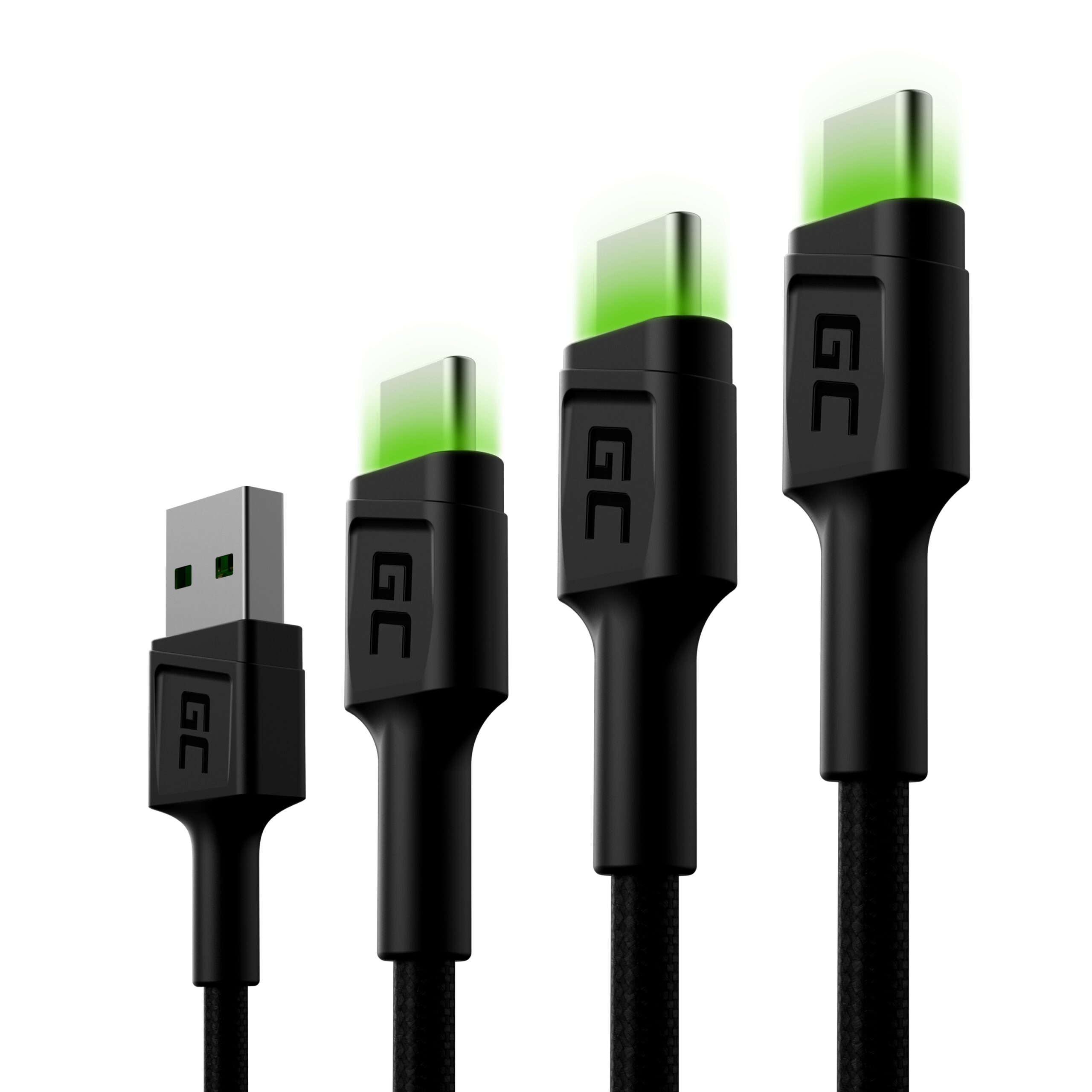 set-3x-green-cell-gc-ray-usb-c-cable-30cm-120cm-200cm-with-green-led-backlight-fast-charging-uc-qc-30 KABGCSET01 - Image 1